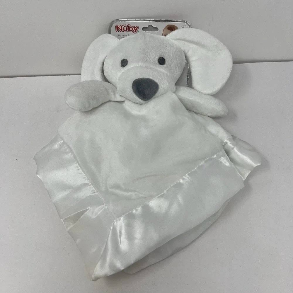 Nuby Security Blanket OS White Dog Plush Satin Trim Puppy Lovey